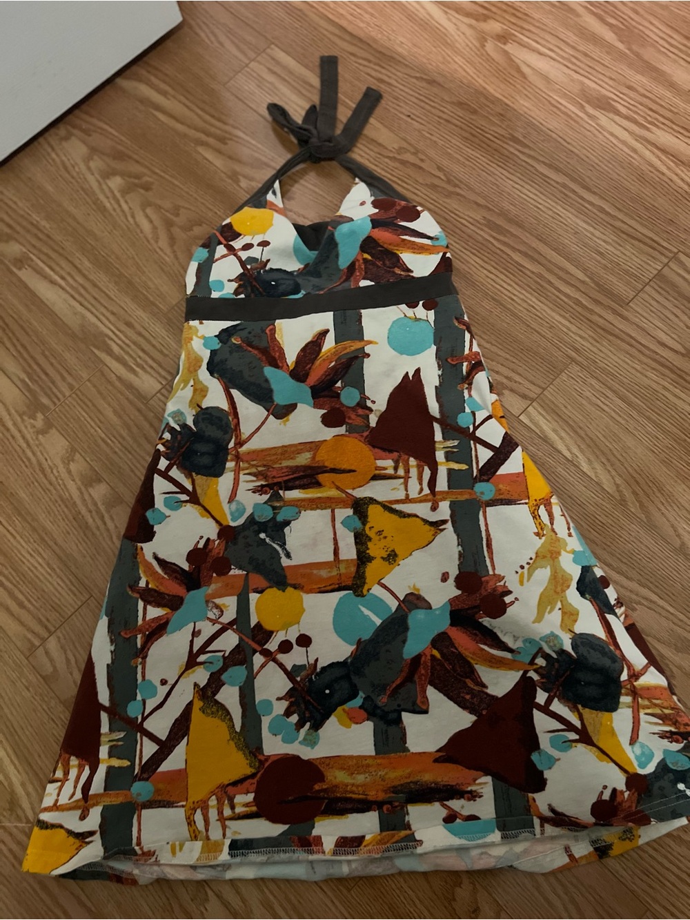 Patagonia White Halter Mini Dress with Teal, Mustard & Brown Abstract Print